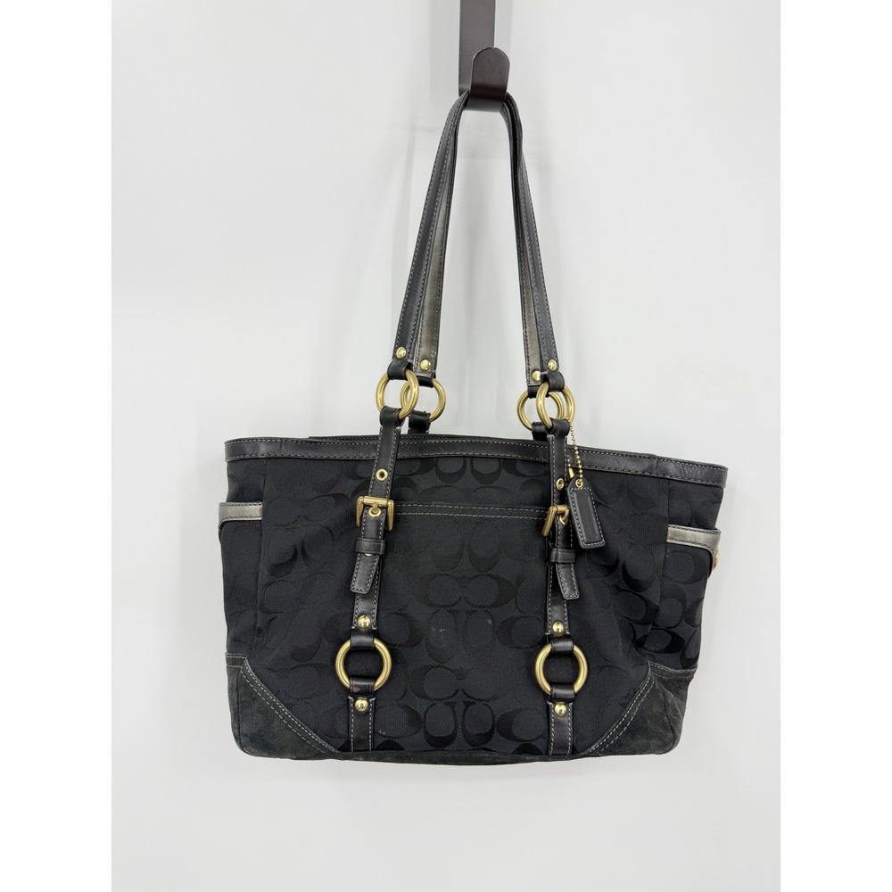 Coach Hamptons 10384 Tote Bag Women Medium Black Signature Canvas Suede Leather